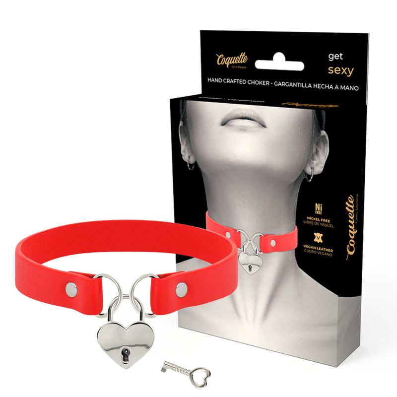 Collar Cuero Vegano Rojo Accesorio Corazón Con Llave