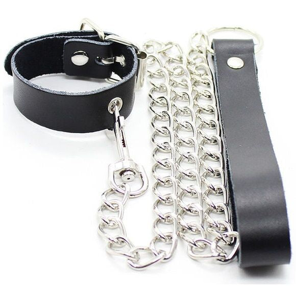 Collar Para Pene Y Correa Piel Con Cadena Metalica