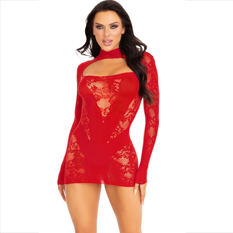 Mini Vestido De Encaje Con Manga Larga Rojo