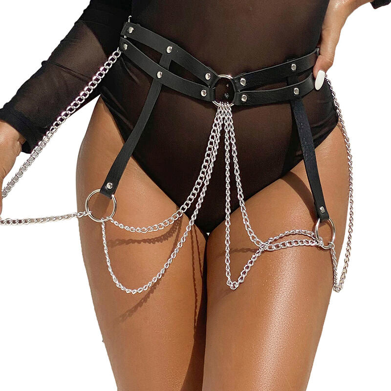 Cinturon De Cadenas Anillas Cuero Negro Talla Única