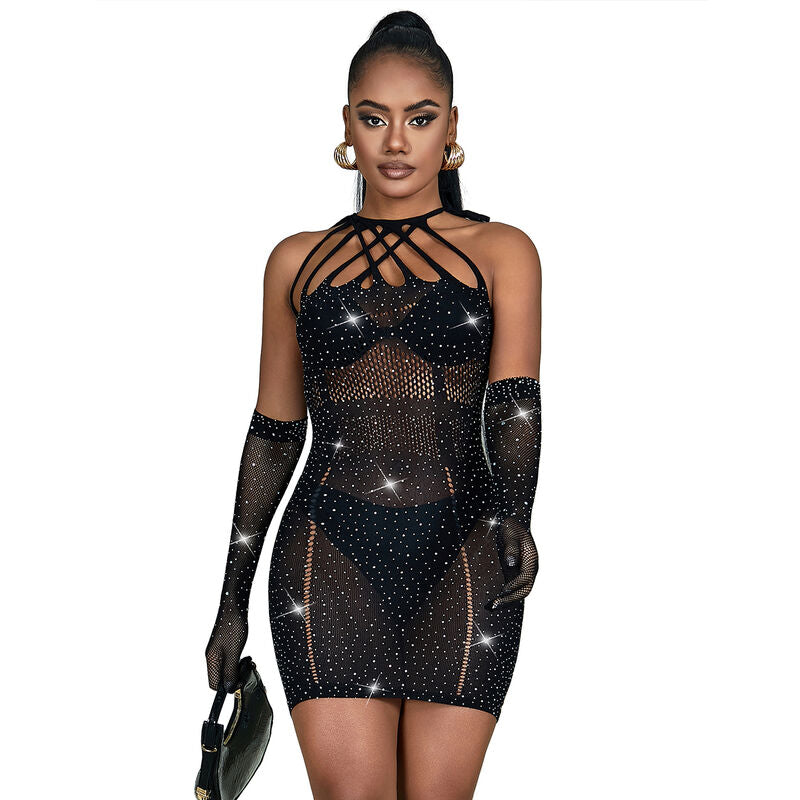 952235 Vestido De Rejilla Con Brillantes Negro Talla Única