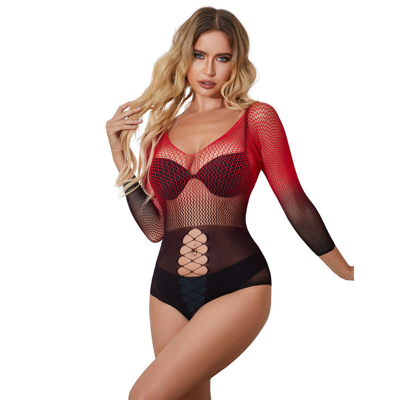 952259 Vestido De Rejilla Elástico Manga Larga Degradado Rojo Y Negro Talla Única