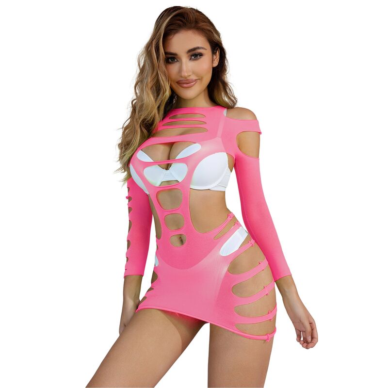 952273 Vestido De Rejilla Elástico Manga Larga Rosa Talla Única