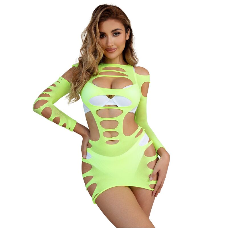 952280 Vestido De Rejilla Elástico Manga Larga Verde Talla Única