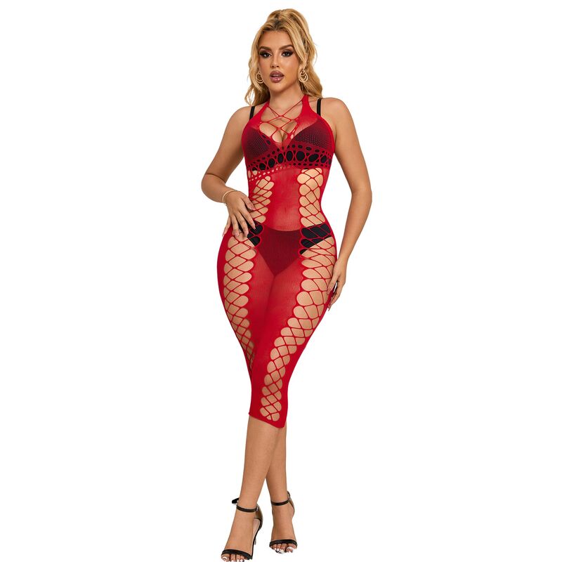 952327 Vestido De Rejilla Largo Rojo Talla Única