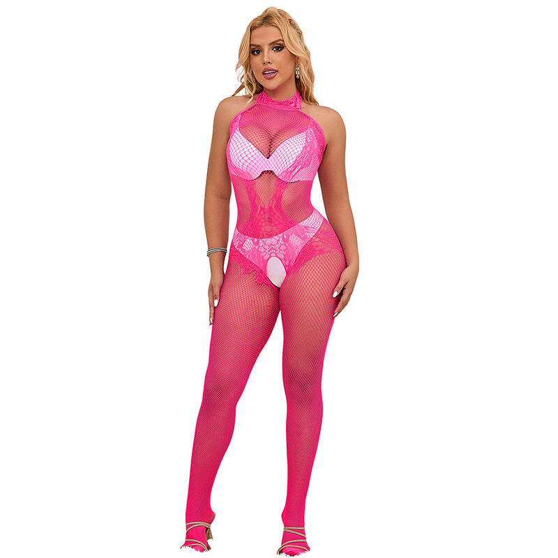952389 Bodystocking Crotchless De Rejilla Y Encaje Con Cuello Alto Rosa Talla Única