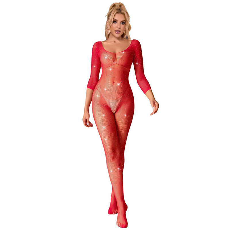952419 Bodystocking De Rejilla Con Diamantes Manga Larga Rojo Xs/M