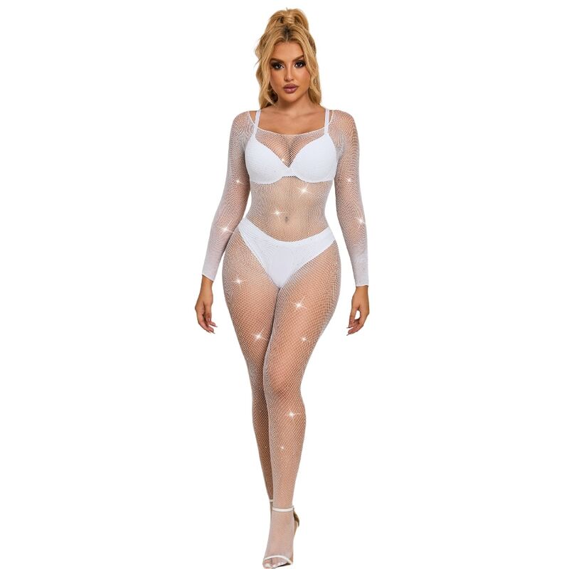 952396 Bodystocking De Rejilla Con Diamantes Manga Larga Blanco Talla Única