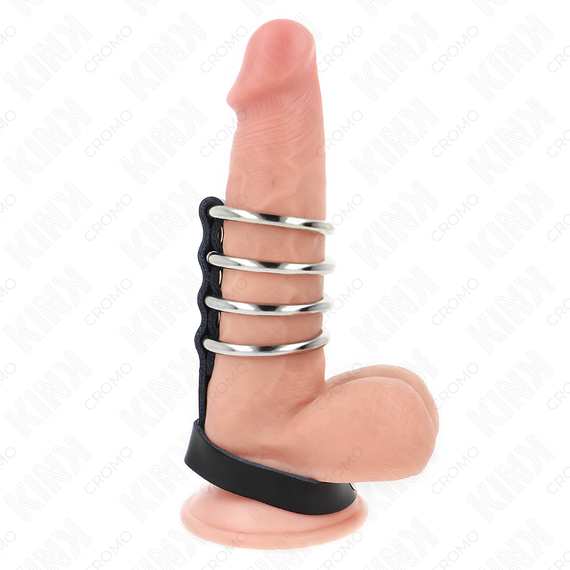 4 Anillos Pene Metal 3.8 Cm Conectados Con Correa De Cuero 22 X 1.5 Cm Y Cierre A Presión