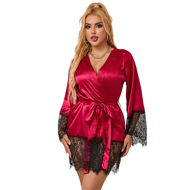 953829 Elegante Camison  De Encaje + Tanga Rojo L/Xl