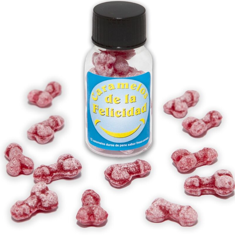 Bote 12 Caramelos De La Felicidad Forma Pene Fresa/Cereza