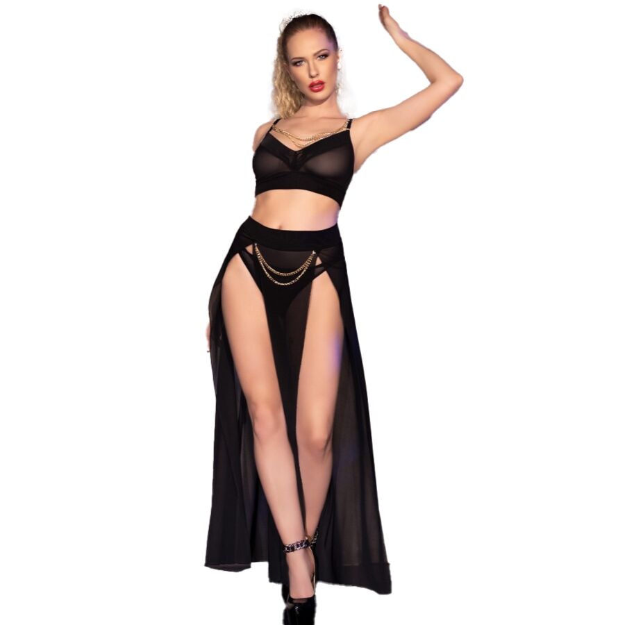 Cr 4672 Top Negro Falda Y Tanga Con Cadenas Doradas S