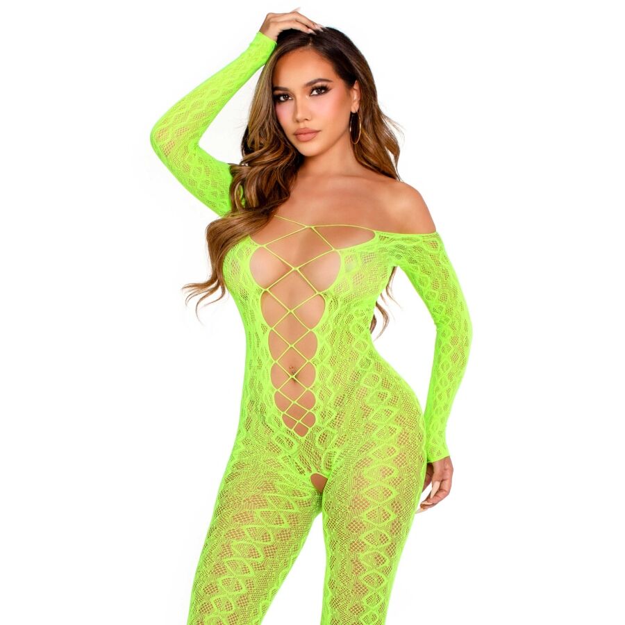 Bodystocking Sin Entrepierna De Encaje De Serpiente Exótica Verde Neón