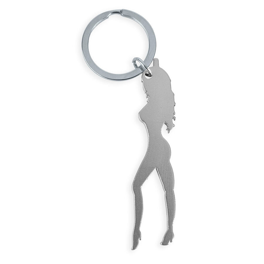 Llavero Con Silueta De Mujer Color Plata Con Abridor De Cerveza