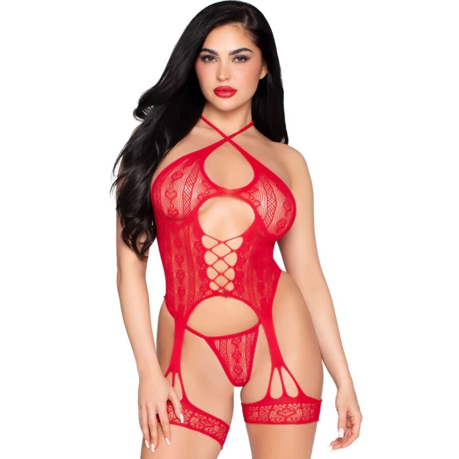 89338 Set Body Abierto Con Liguero + Tanga De Encaje Rojo - Talla Única