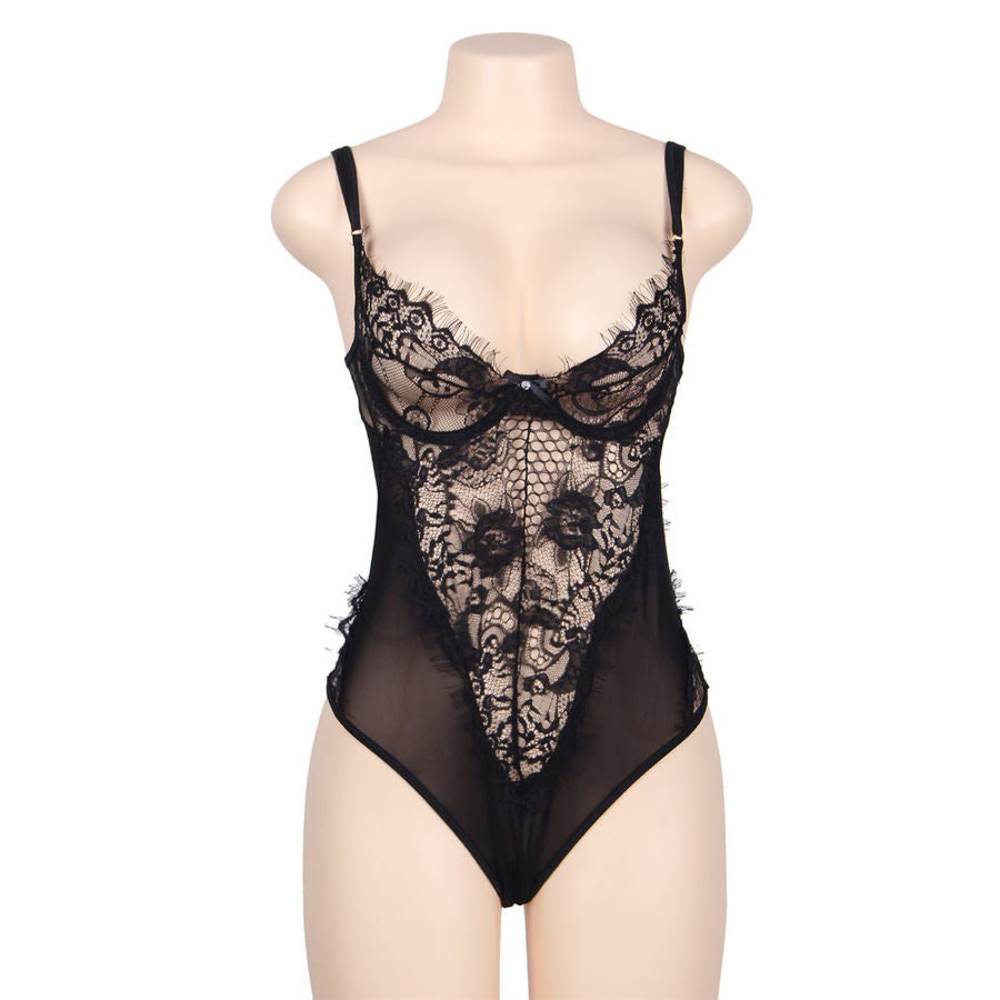 Teddy Encaje Floral Y Con Flecos Negro Talla Grande